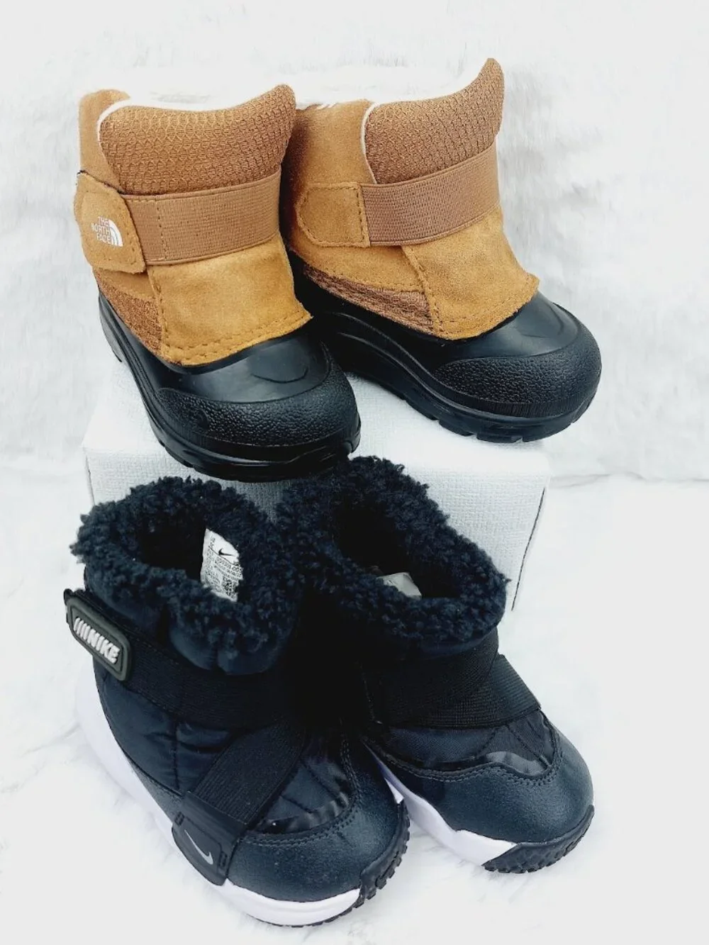 Set of 2 The North Face Nike Girl's Black Brown Hook & Loop Ankle Snow Boot Sz 7